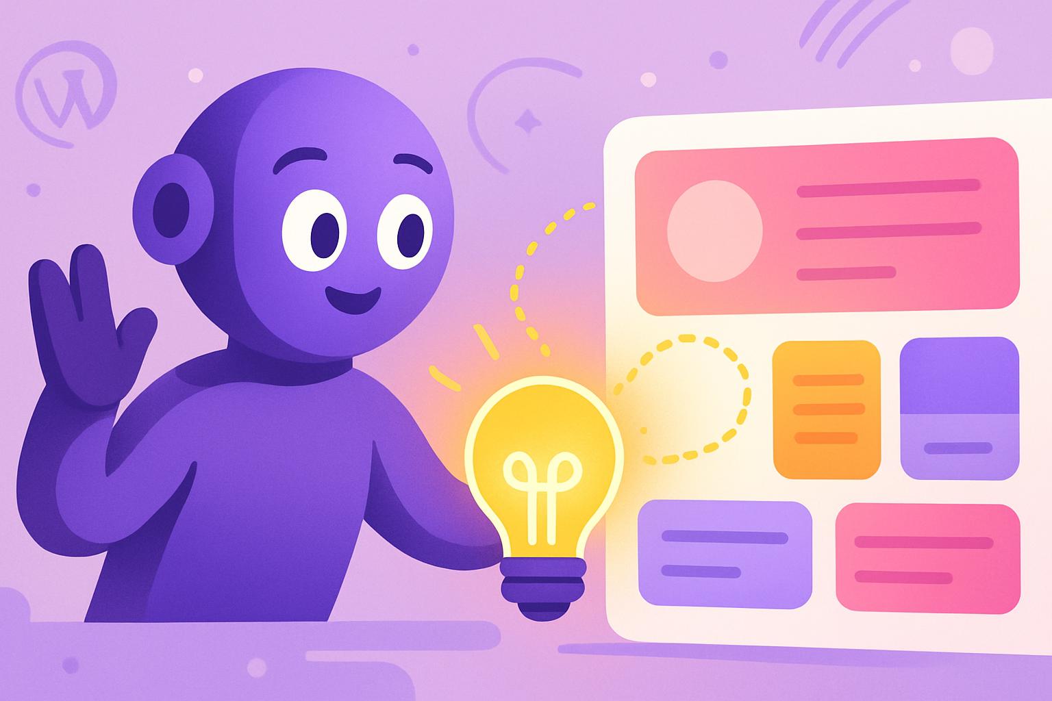 Playful purple AI content assistant turning an idea into a polished WordPress post, with colorful WordPress-inspired blocks, sparkles and a friendly modern brand style